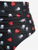 Skulls Heart Print Bowknot Ruched Bottom Tankini Swimsuit -  