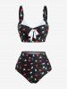 Skulls Heart Print Bowknot Ruched Bottom Tankini Swimsuit -  