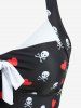 Skulls Heart Print Bowknot Ruched Bottom Tankini Swimsuit -  