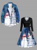 Robe trapèze grande taille à imprimé sapin de Noël, bonhomme de neige et forêt, col festonné et ceinture amovible - Bleu Ciel XL