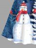 Robe trapèze grande taille à imprimé sapin de Noël, bonhomme de neige et forêt, col festonné et ceinture amovible - Bleu Ciel 2XL