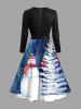 Robe trapèze grande taille à imprimé sapin de Noël, bonhomme de neige et forêt, col festonné et ceinture amovible - Bleu Ciel 4XL
