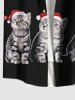 Plus Size Christmas Ball Bell Star Hat Cats Print Buttons Pocket Shirt For Men -  