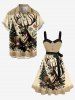 Plus Size Christmas Tree Ball Snowflake Elk Print Buttons Turn Down Collar Dress With Belt -  