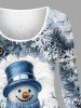 T-shirt à manches longues grande taille avec imprimé boule de Noël, bonhomme de neige et flocons de neige - Bleu clair L