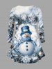T-shirt à manches longues grande taille avec imprimé boule de Noël, bonhomme de neige et flocons de neige - Bleu clair L