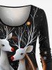 T-shirt à manches longues grande taille avec imprimé 3D pailleté représentant un élan de Noël et des rayons lumineux - Noir XS