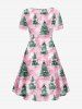 Plus Size Christmas Tree Ball Bowknot Snowflake Print Cinched Dress -  