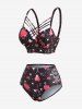 Skulls Heart Polka Dots Print Lattice Crisscross Braided Tankini Swimsuit -  