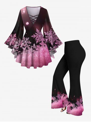 Ensemble grande taille composé d&#39;un t-shirt à manches longues et d&#39;un pantalon évasé à imprimé flocons de neige ombré. - LIGHT PINK