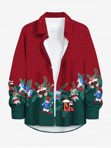 Plus Size Christmas Pine Needles Doll Drum Candy Print Buttons Pocket Long Sleeves Shirt For Men - RED - 2XL