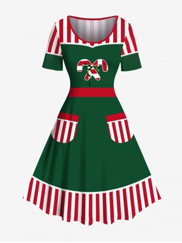 Plus Size Christmas Elf Candy Stripes Print Vintage Dress - GREEN - S