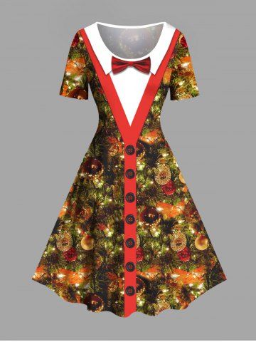 Plus Size Christmas Tree Ball Light Bowknot Buttons Print Vintage Dress - LIGHT BROWN - XXS