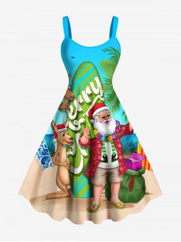 Plus Size Christmas Santa Claus Elk Coconut Tree Print Tank Dress - LIGHT BLUE - XXS