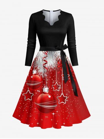 Plus Size Christmas Ball Star Tassel Leaf Glitter 3D Print Scalloped V Neck Dress With A Belt - RED - M