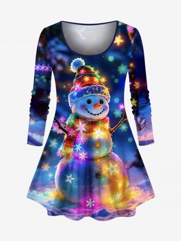 Plus Size Colorful Glitter Ombre Christmas Light Snowman Print Long Sleeves Women T-shirt - NAVY BLUE - XS