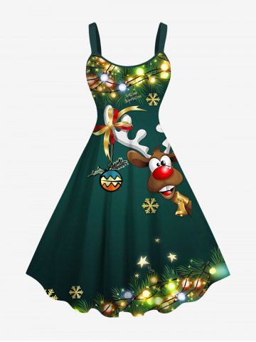 Plus Size Glitter Christmas Light Ball Elk Snowflake Print A Line Dress - GREEN - 4X