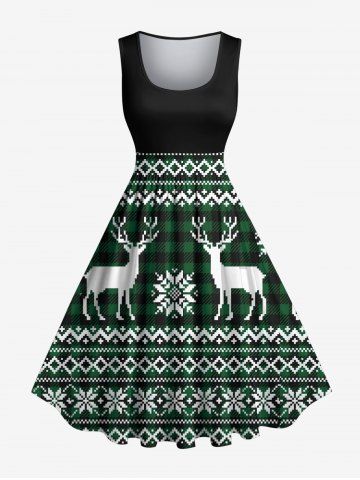 Plus Size Christmas Elk Snowflake Print 1950s Vintage Dress - GREEN - S