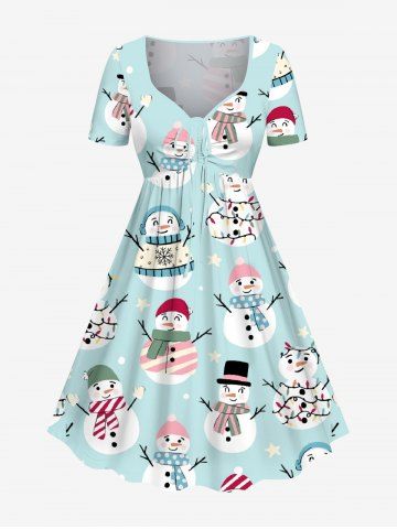 Plus Size Christmas Light Snowflake Snowman Star Print Cinched Dress - LIGHT BLUE - 4X