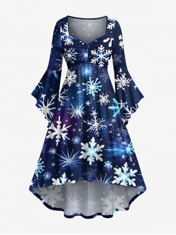 Plus Size Christmas Snowflake Galaxy Print Ruched Flare Sleeves High Low Dress - NAVY BLUE - 6X