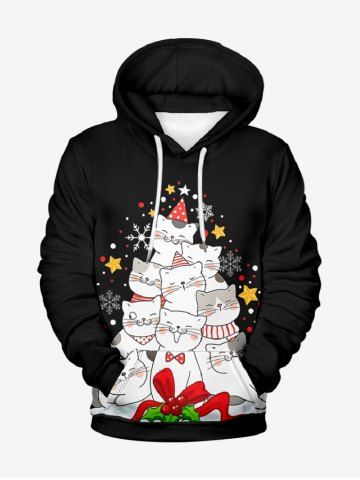 Plus Size Christmas Holly Fruit Cats Snowflake Stars Print Drawstring Pockets Hoodie For Men - BLACK - 8XL