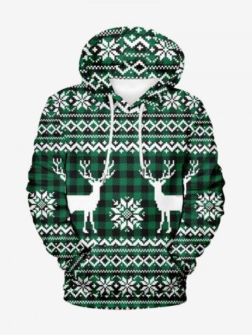 Plus Size Christmas Elk Snowflake Print Drawstring Pocket Hoodie For Men - ARMY GREEN - 4XL