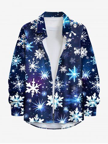 Plus Size Christmas Snowflake Galaxy Print Buttons Pocket Long Sleeves Shirt For Men - SKY BLUE - 7XL