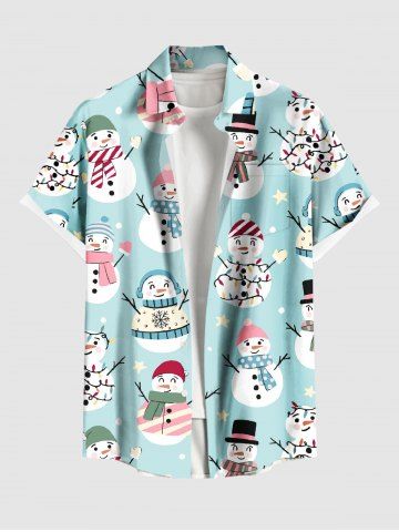 Plus Size Christmas Light Snowflake Snowman Star Print Buttons Pocket Shirt For Men - POWDER BLUE - 5XL