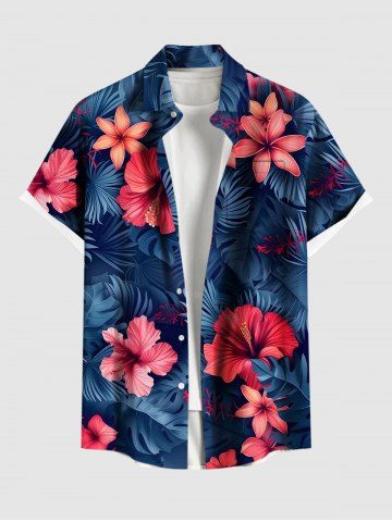 Plus Size Hibiscus Flowers Tropical Leaf Print Buttons Pocket Hawaii Shirt For Men - NAVY BLUE - S