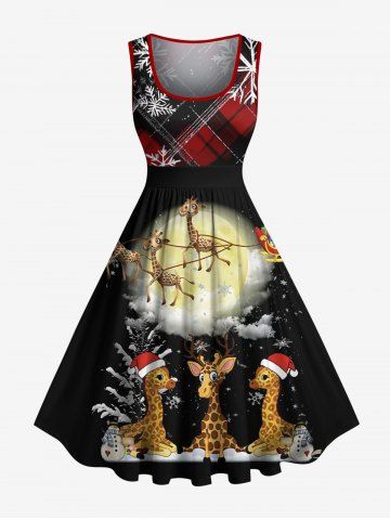 Plus Size Christmas Elk Santa Claus Snowflake Moon Giraffe Plaid Print Vintage Swing A Line Dress - BLACK - XS