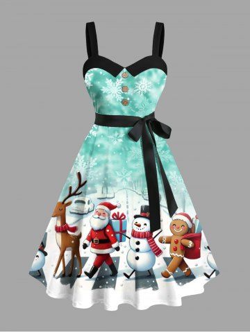 Robe grande taille de Noël imprimée Père Noël, flocons de neige et bonhommes de neige, col rabattu et ceinture