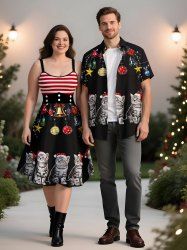 Christmas Ball Bell Star Hat Cats Print Plus Size Matching Outfit For Couples -  