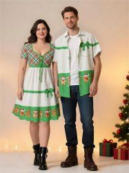 Ensemble assorti grande taille pour couples, motif bonnet de Noël, pois et ruban à pois, imprimé nœud papillon. - Vert 