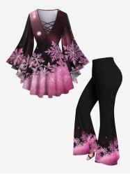 Christmas Snowflake Ombre Print Lattice Long Sleeves Women T-shirt and Flare Pants Plus Size Matching Set -  