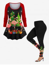 Christmas Tree Snowflake Gift Flamingo Print Long Sleeves Women T-shirt and Leggings Plus Size Matching Set -  