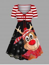Plus Size Christmas Snowflake Elk Gift Striped Print Cinched A Line Dress -  