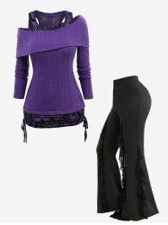 Cable Knit Turndown Collar Sweater and Paisley Flocking Tank Top and Lettuce Spider Web Flare Pants Plus Size Outfit -  