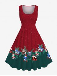 Plus Size Christmas Pine Needles Doll Drum Candy Print 1950s Vintage Dress -  