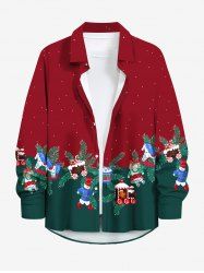 Plus Size Christmas Pine Needles Doll Drum Candy Print Buttons Pocket Long Sleeves Shirt For Men -  