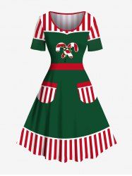 Plus Size Christmas Elf Candy Stripes Print Vintage Dress - Vert 5X