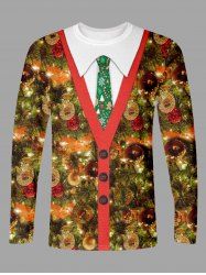 Plus Size Christmas Tree Ball Light Tie Buttons Print Long Sleeve T-shirt For Men -  