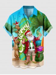 Plus Size Christmas Santa Claus Elk Coconut Tree Print Buttons Pocket Shirt For Men -  