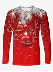 T-shirt à manches longues grande taille avec imprimé 3D de boules de Noël, étoiles, pompons et feuilles pailletées - Rouge S