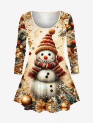 Plus Size Christmas Ball Flowers Snowman Print Long SleevesT-shirt - Abricot S