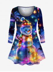 T-shirt à manches longues pour femme, grande taille, imprimé bonhomme de neige et paillettes colorées ombrées, motif lumières de Noël - Bleu Marine 4X