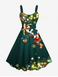 Robe trapèze grande taille à paillettes, boules lumineuses de Noël, imprimé élan et flocons de neige - Vert L