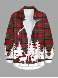 Plus Size Christmas Tree Elk Plaid Print Button Long Sleeves Shirt For Men -  