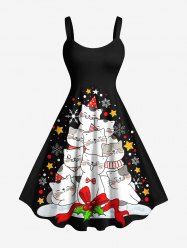 Plus Size Christmas Holly Fruit Cats Snowflake Stars Print Tank Dress -  