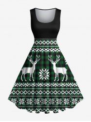 Robe vintage grande taille à imprimé élan et flocons de neige, style années 1950 - Vert L