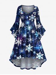Plus Size Christmas Snowflake Galaxy Print Ruched Flare Sleeves High Low Dress -  